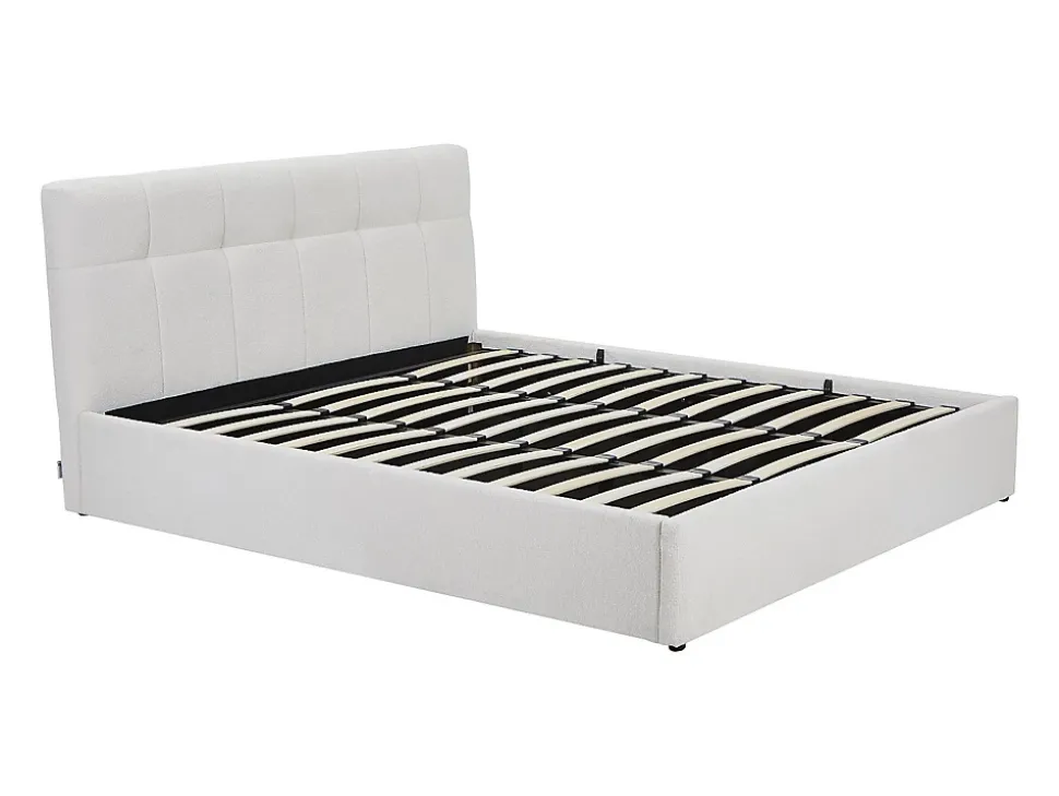 Lit coffre 180 x 200 cm - Tissu bouclette - Blanc + Matelas - MAZIRI