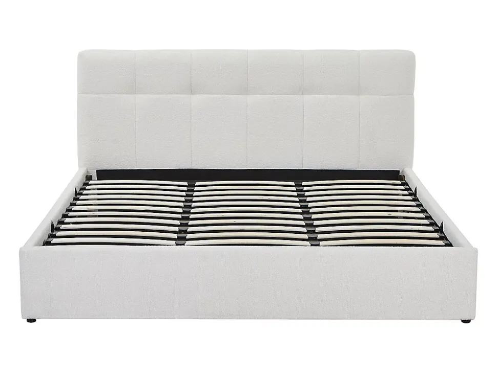 Lit coffre 180 x 200 cm - Tissu bouclette - Blanc + Matelas - MAZIRI
