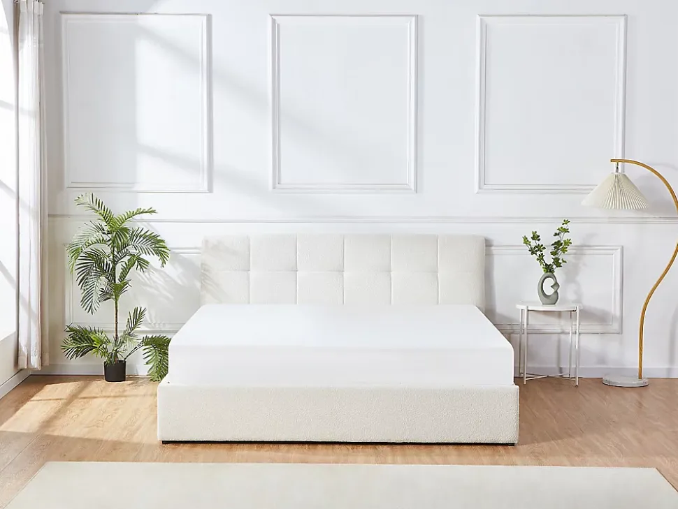Lit coffre 180 x 200 cm - Tissu bouclette - Blanc + Matelas - MAZIRI