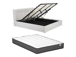 Lit coffre 180 x 200 cm - Tissu bouclette - Blanc + Matelas - MAZIRI