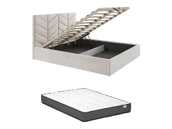 Lit coffre 140 x 190 cm - Tissu texturé - Crème + Matelas - JUSTANI
