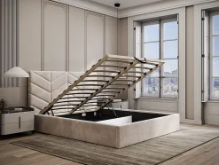 Lit coffre 140 x 190 cm - Tissu texturé - Crème + Matelas - JUSTANI