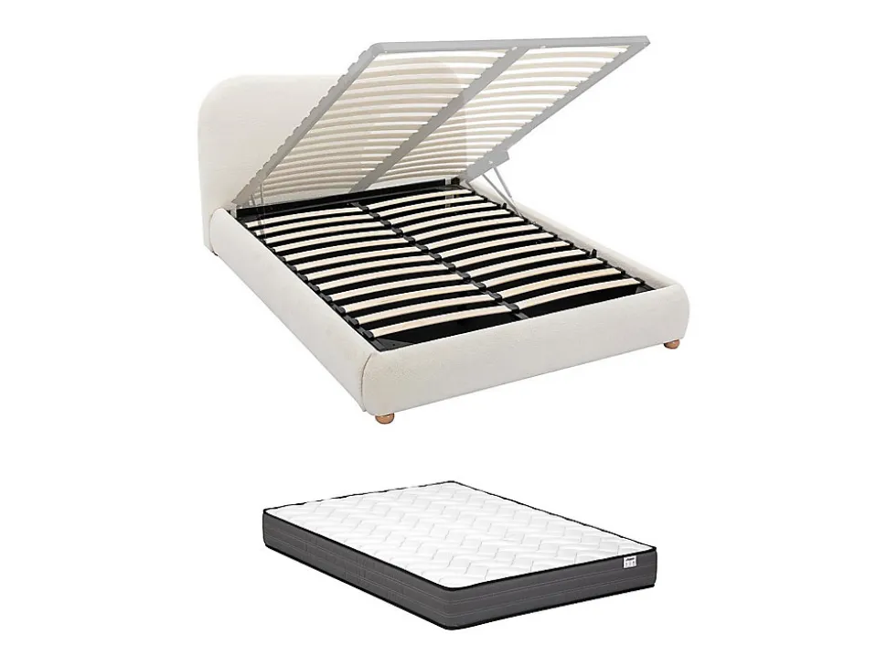 Lit coffre 160 x 200 cm - Tissu bouclette - Blanc + Matelas - VANARI