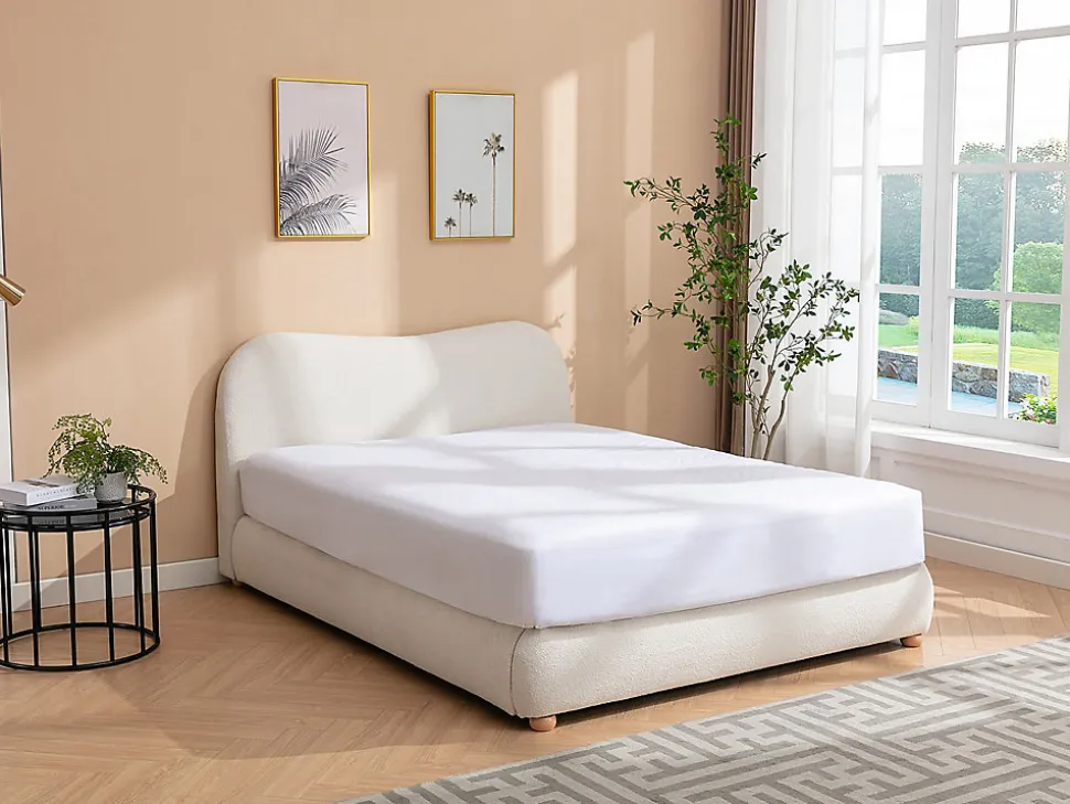 Lit coffre 160 x 200 cm - Tissu bouclette - Blanc + Matelas - VANARI