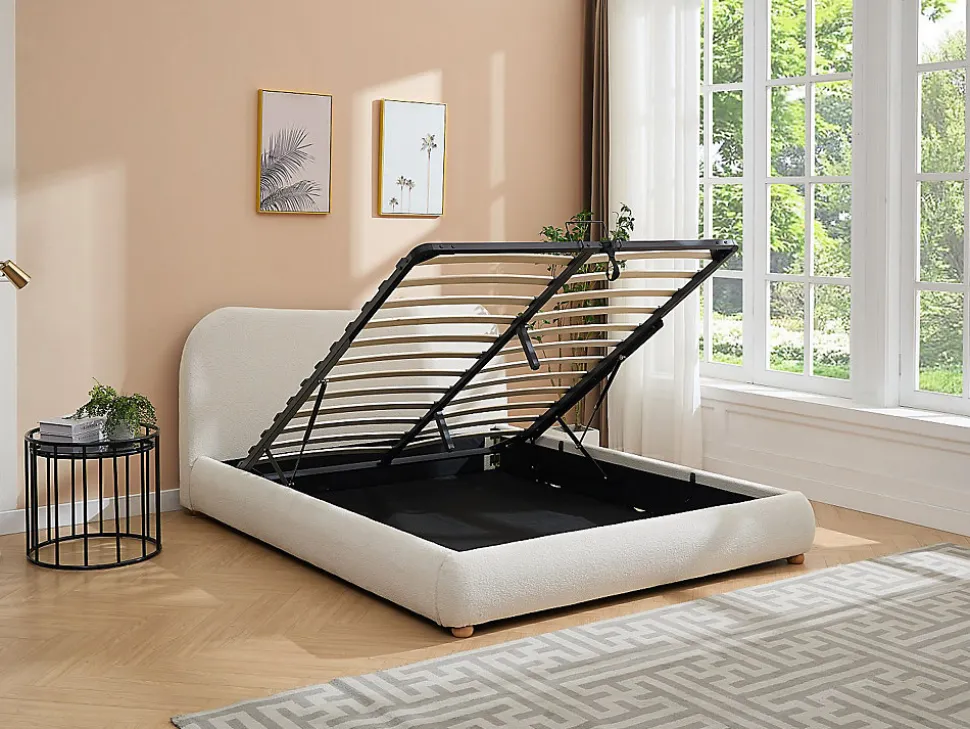 Lit coffre 160 x 200 cm - Tissu bouclette - Blanc + Matelas - VANARI