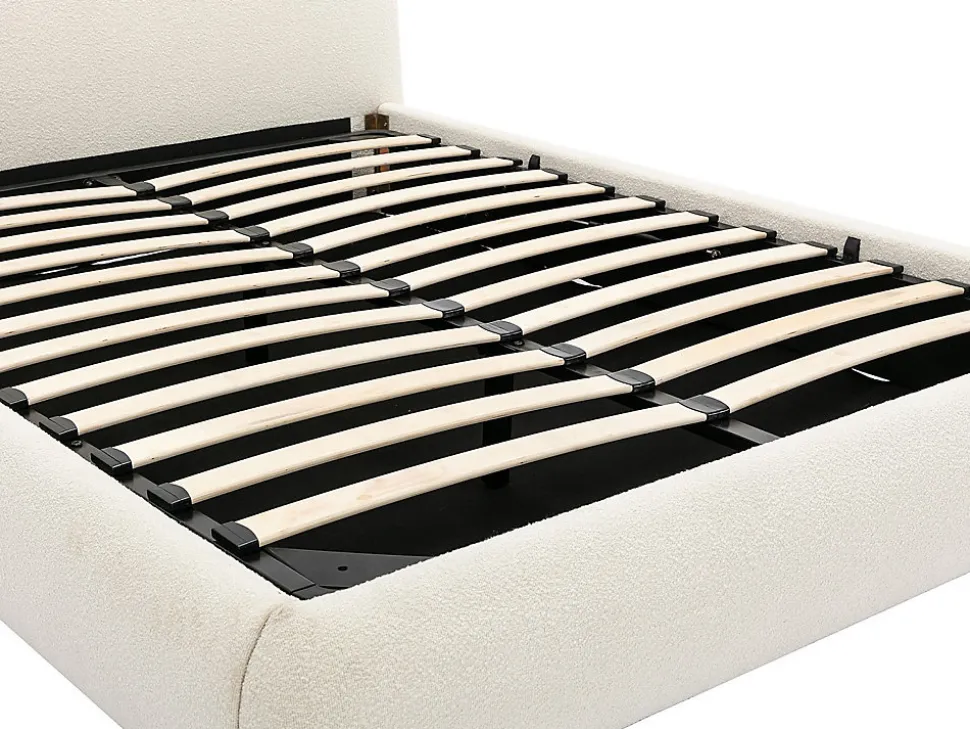 Lit coffre 160 x 200 cm - Tissu bouclette - Blanc + Matelas - VANARI