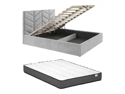 Lit coffre 200 x 200 cm - Tissu texturé - Gris + Matelas - JUSTANI