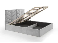 Lit coffre 200 x 200 cm - Tissu texturé - Gris + Matelas - JUSTANI