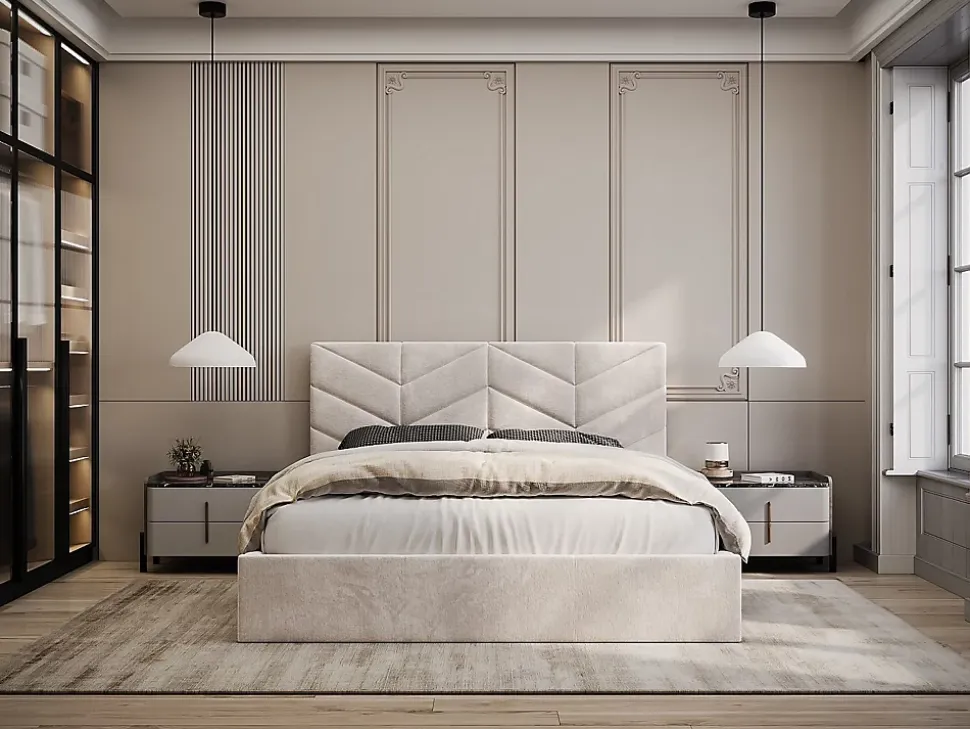 Lit coffre 180 x 200 cm - Tissu texturé - Crème - JUSTANI