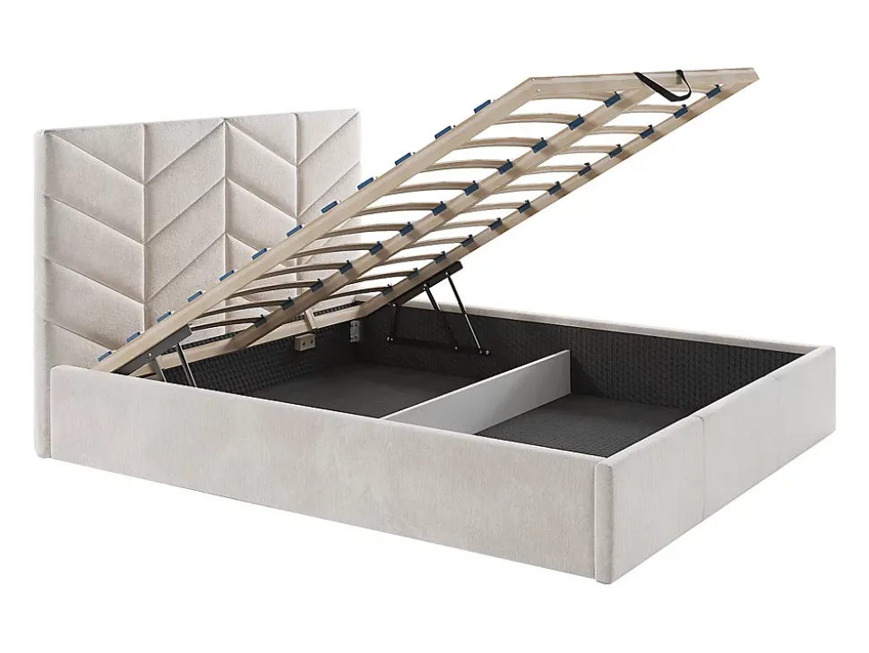 Lit coffre 180 x 200 cm - Tissu texturé - Crème - JUSTANI