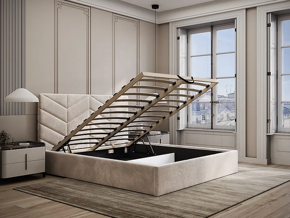 Lit coffre 180 x 200 cm - Tissu texturé - Crème - JUSTANI