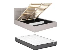 Lit coffre 160 x 200 cm - Tissu - Beige + Matelas - ELIAVA