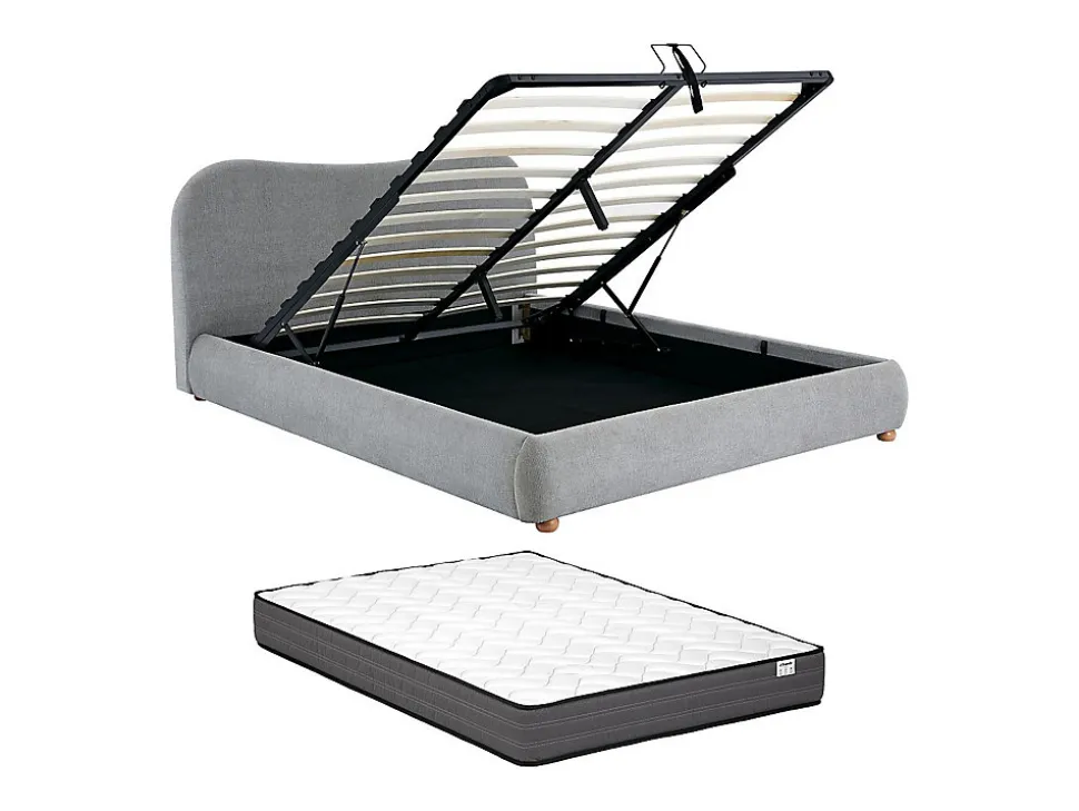 Lit coffre 180 x 200 cm - Tissu - Gris clair + Matelas - VANARI