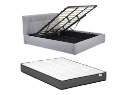 Lit coffre 180 x 200 cm - Tissu bouclette - Gris + Matelas - MAZIRI