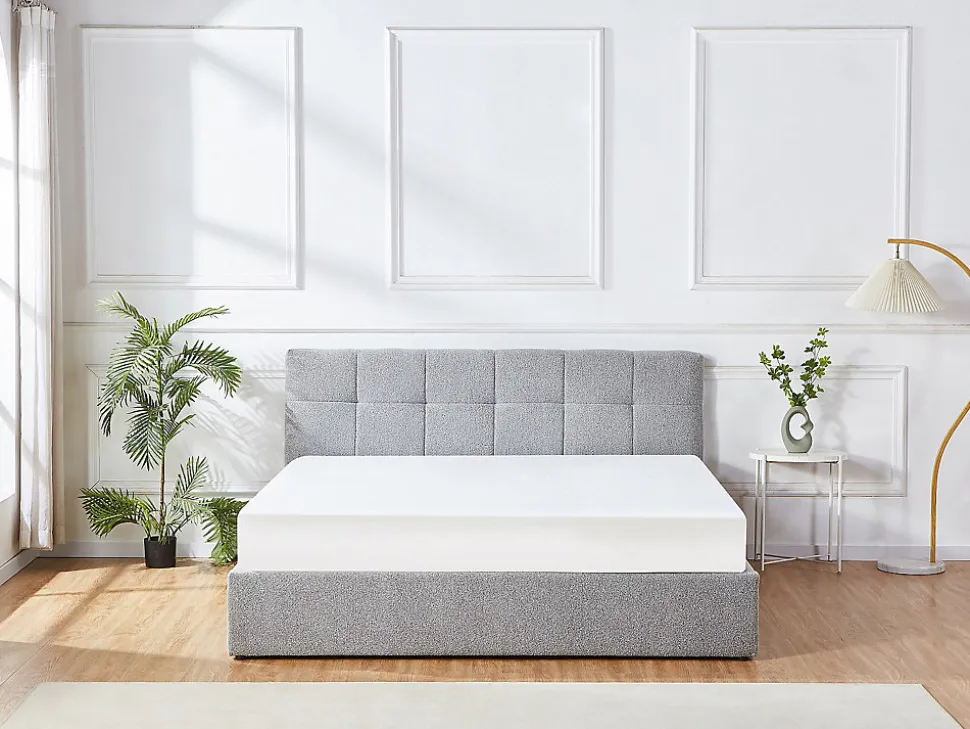 Lit coffre 180 x 200 cm - Tissu bouclette - Gris + Matelas - MAZIRI