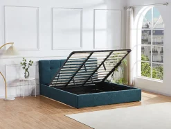 Lit coffre 180 x 200 cm - Tissu bouclette - Bleu canard + Matelas - MAZIRI