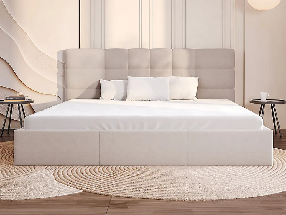 Lit coffre 200 x 200 cm - Tissu - Beige - ELIAVA