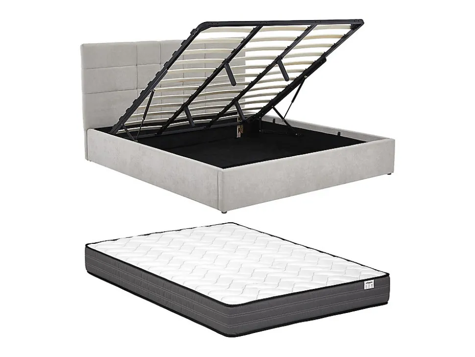 Lit coffre 180 x 200 cm - Tissu - Gris + Matelas - HOPEYA