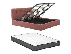 Lit coffre 180 x 200 cm - Tissu bouclette - Terracotta + Matelas - MAZIRI