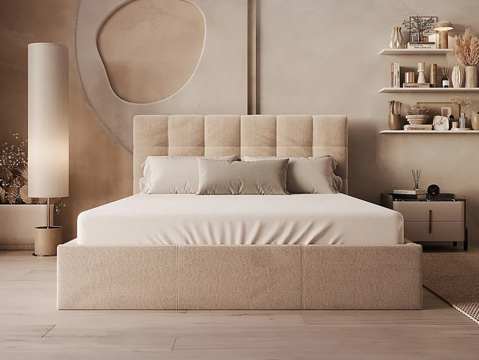 Lit coffre 200 x 200 cm - Velours - Beige - MIRDAL