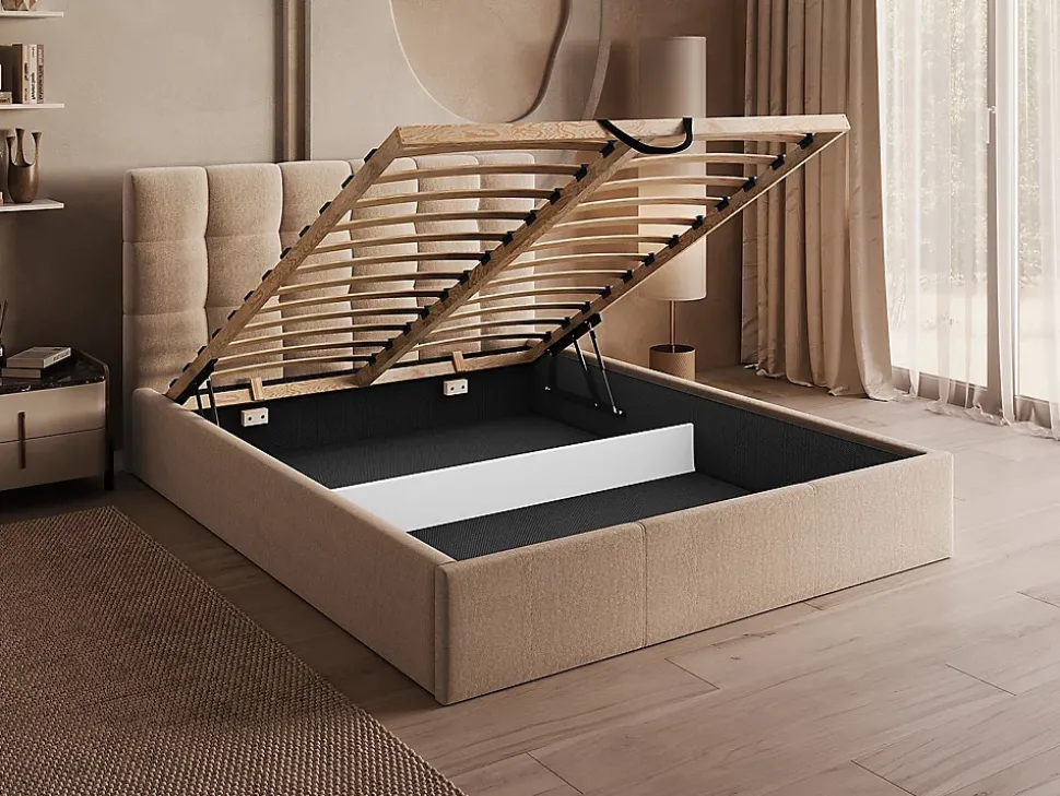 Lit coffre 200 x 200 cm - Velours - Beige - MIRDAL