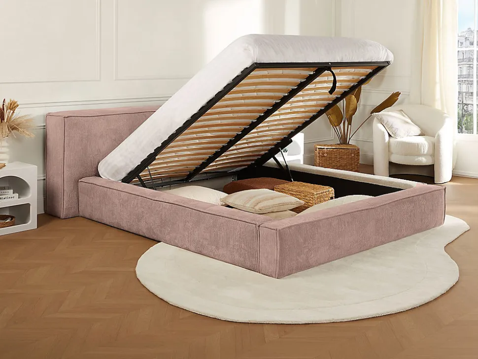 Lit coffre 180 x 200 cm - Velours côtelé - Rose - TIMANO