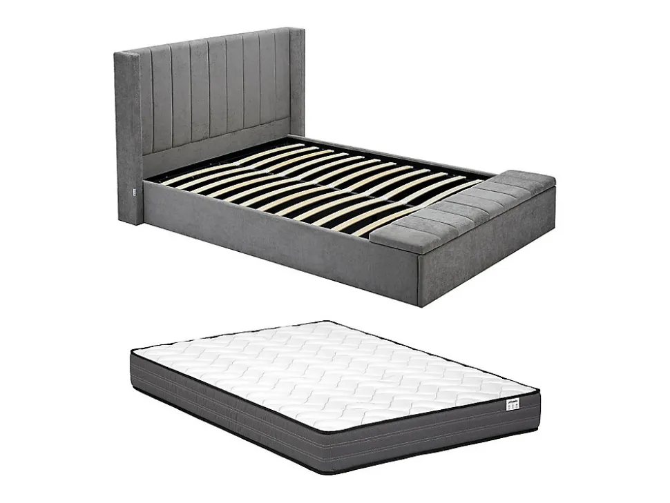 Lit coffre 160 x 200 cm avec banc - Tissu - Gris + Matelas - DOUINO