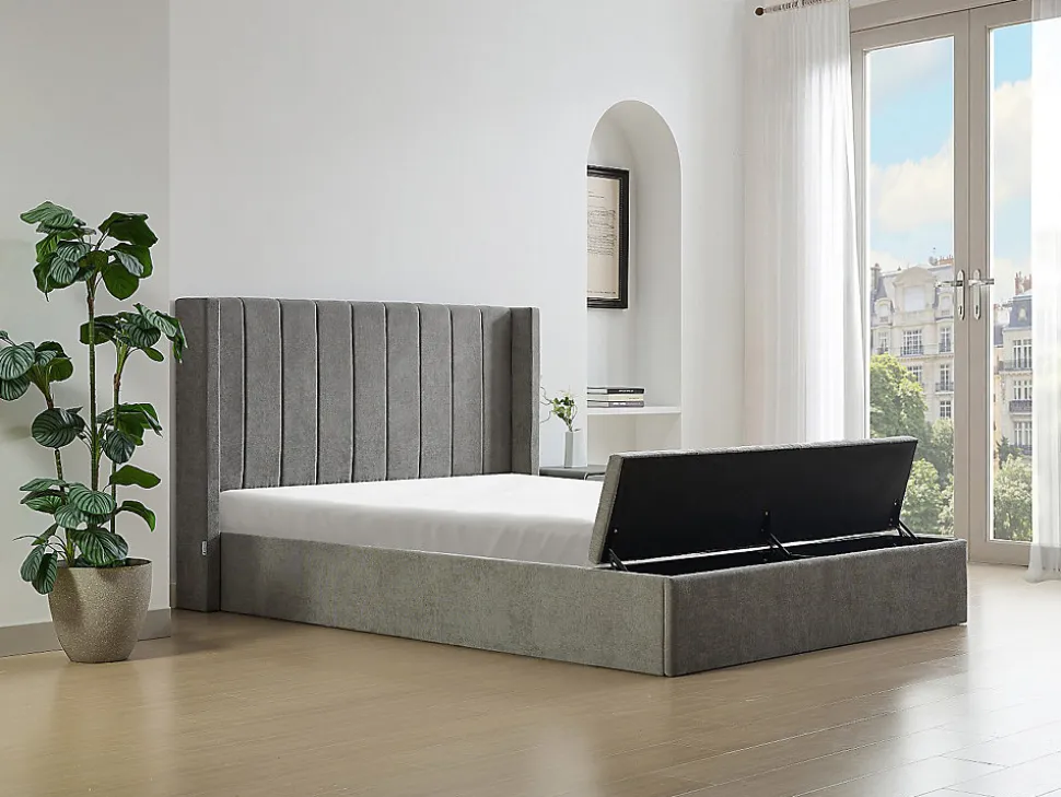Lit coffre 160 x 200 cm avec banc - Tissu - Gris + Matelas - DOUINO