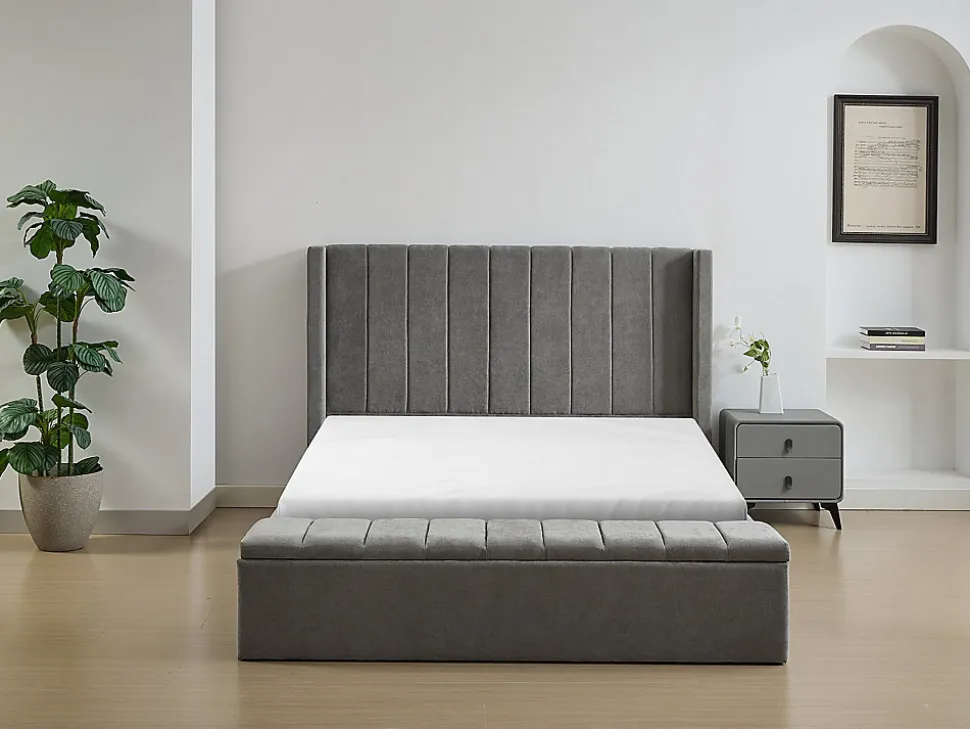 Lit coffre 160 x 200 cm avec banc - Tissu - Gris + Matelas - DOUINO