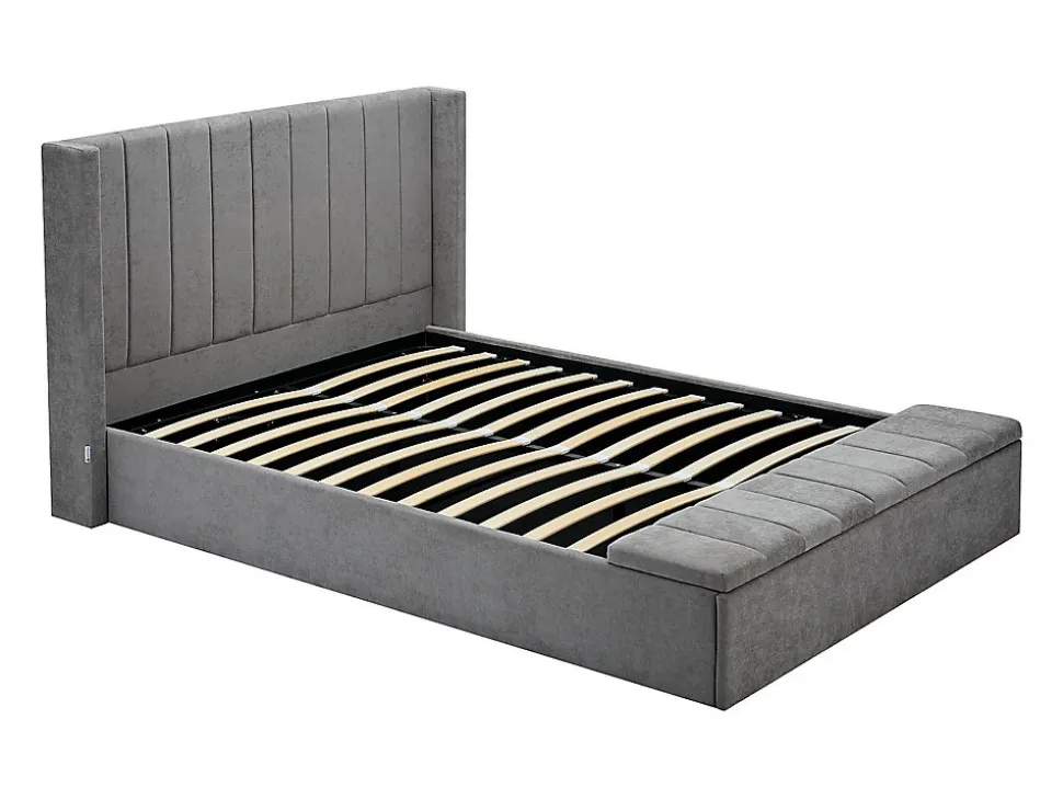 Lit coffre 160 x 200 cm avec banc - Tissu - Gris + Matelas - DOUINO
