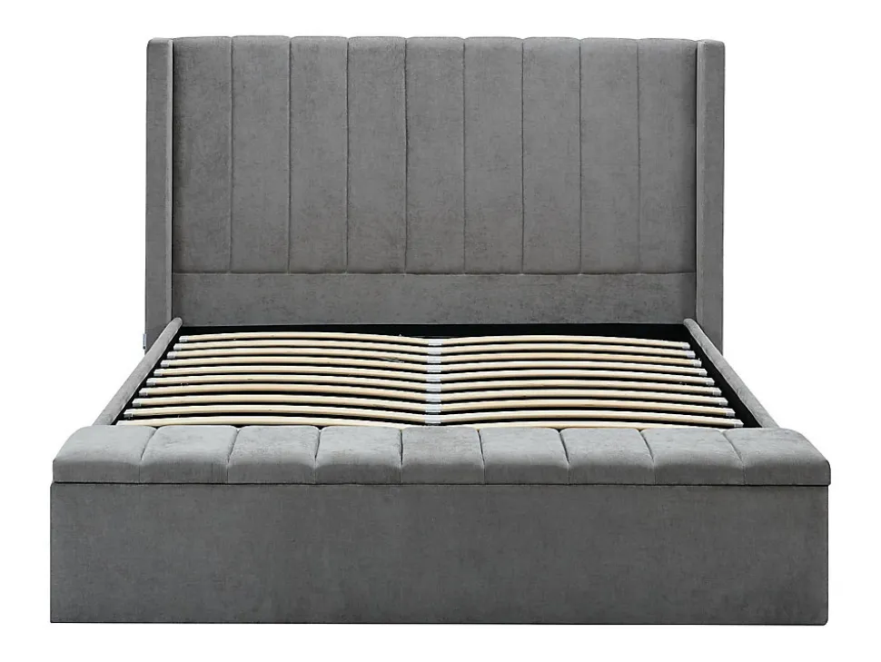 Lit coffre 160 x 200 cm avec banc - Tissu - Gris + Matelas - DOUINO