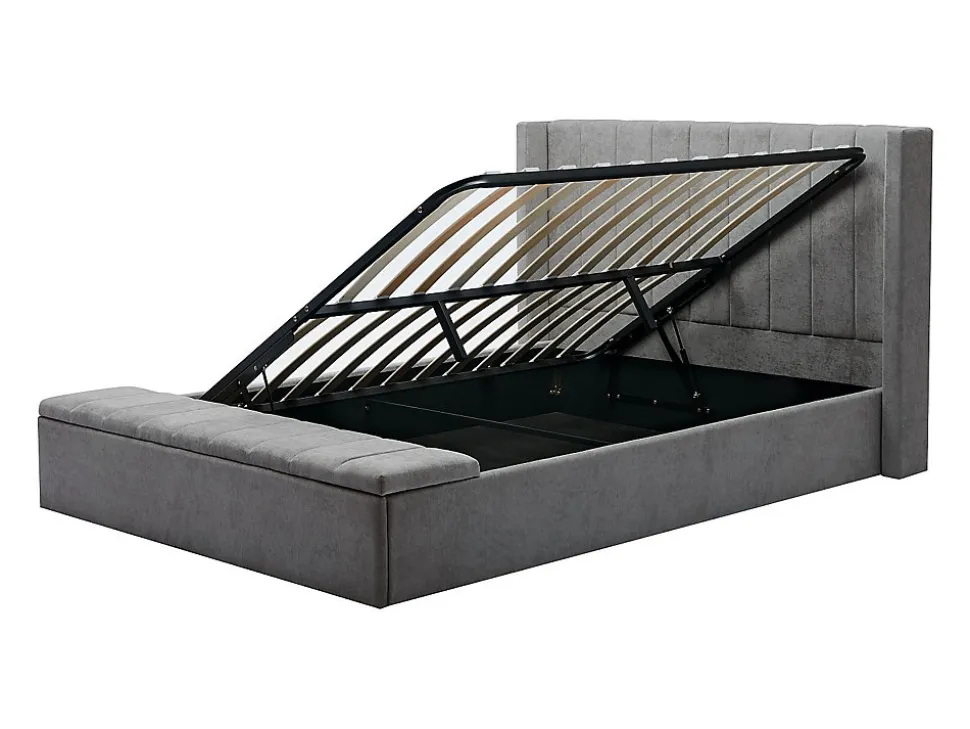 Lit coffre 160 x 200 cm avec banc - Tissu - Gris + Matelas - DOUINO