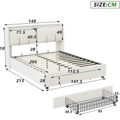 Lit Coffre 140 X 200 Cm Avec Éclairage LED Et Chargement USB, Avec Tiroirs, Velours, Blanc Cassé