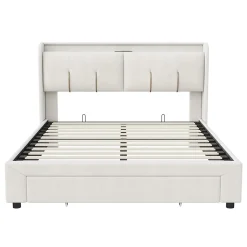 Lit Coffre 140 X 200 Cm Avec Éclairage LED Et Chargement USB, Avec Tiroirs, Velours, Blanc Cassé