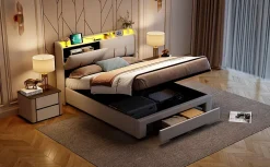 Lit Coffre 140 X 200 Cm Avec Éclairage LED Et Chargement USB, Avec Tiroirs, Velours, Blanc Cassé