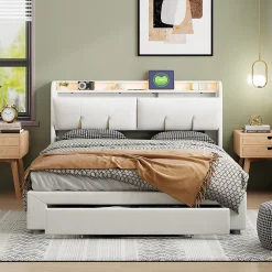 Lit Coffre 140 X 200 Cm Avec Éclairage LED Et Chargement USB, Avec Tiroirs, Velours, Blanc Cassé