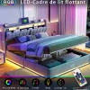 Lit Coffre 160 X 200 Cm Avec LED Et Ports USB, Étagères Ouvertes Et Rangements Cachés, Gris