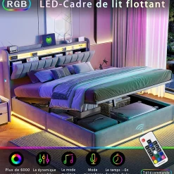 Lit Coffre 160 X 200 Cm Avec LED Et Ports USB, Étagères Ouvertes Et Rangements Cachés, Gris