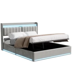 Lit Coffre 160 X 200 Cm Avec LED Et Ports USB, Étagères Ouvertes Et Rangements Cachés, Gris