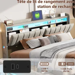 Lit Coffre 160 X 200 Cm Avec LED Et Ports USB, Étagères Ouvertes Et Rangements Cachés, Gris