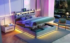 Lit Coffre 160 X 200 Cm Avec LED Et Ports USB, Étagères Ouvertes Et Rangements Cachés, Gris