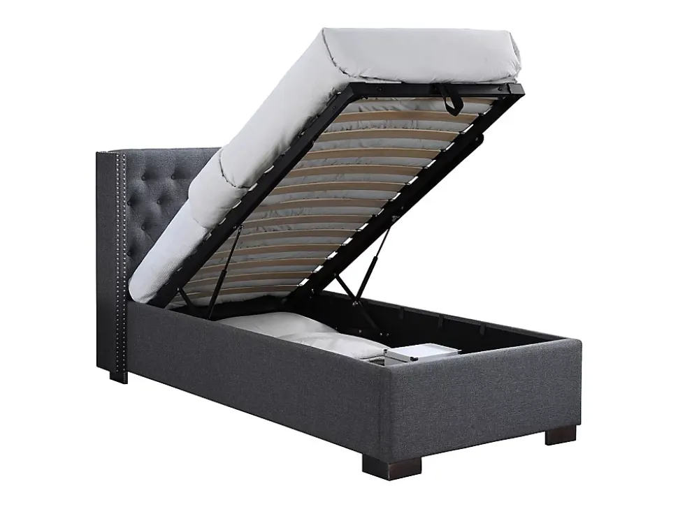 Lit coffre 90 x 200 cm avec tête de lit capitonnée - Tissu - Gris - MASSIMO