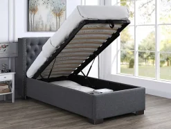 Lit coffre 90 x 200 cm avec tête de lit capitonnée - Tissu - Gris - MASSIMO