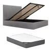Lit coffre 140 x 190 cm avec tête de lit coutures verticales - Velours côtelé - Gris + Matelas - SARAH
