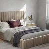 Lit coffre 160 x 200 cm avec tête de lit coutures verticales - Velours - Taupe - LARALI II