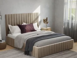Lit coffre 160 x 200 cm avec tête de lit coutures verticales - Velours - Taupe - LARALI II