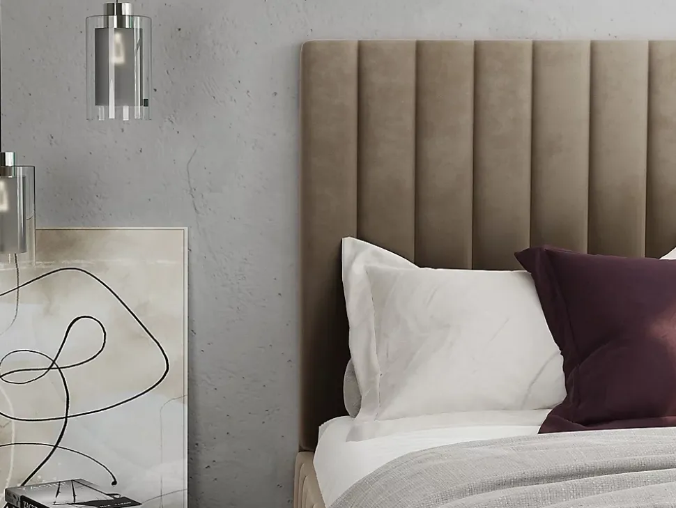 Lit coffre 160 x 200 cm avec tête de lit coutures verticales - Velours - Taupe - LARALI II