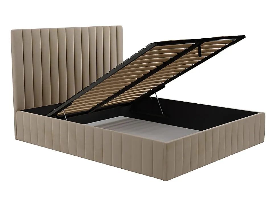 Lit coffre 160 x 200 cm avec tête de lit coutures verticales - Velours - Taupe - LARALI II