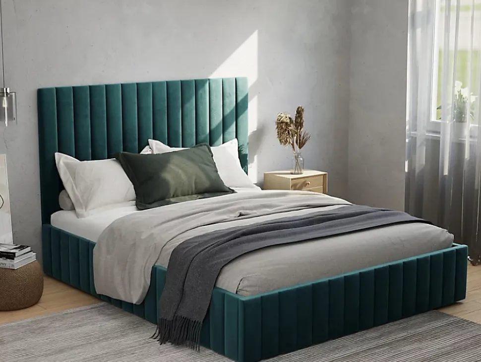 Lit coffre 160 x 200 cm avec tête de lit coutures verticales - Velours - Taupe - LARALI II