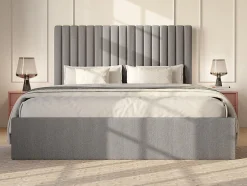 Lit coffre 160 x 200 cm avec tête de lit coutures verticales - Velours côtelé - Gris + Matelas - SARAH